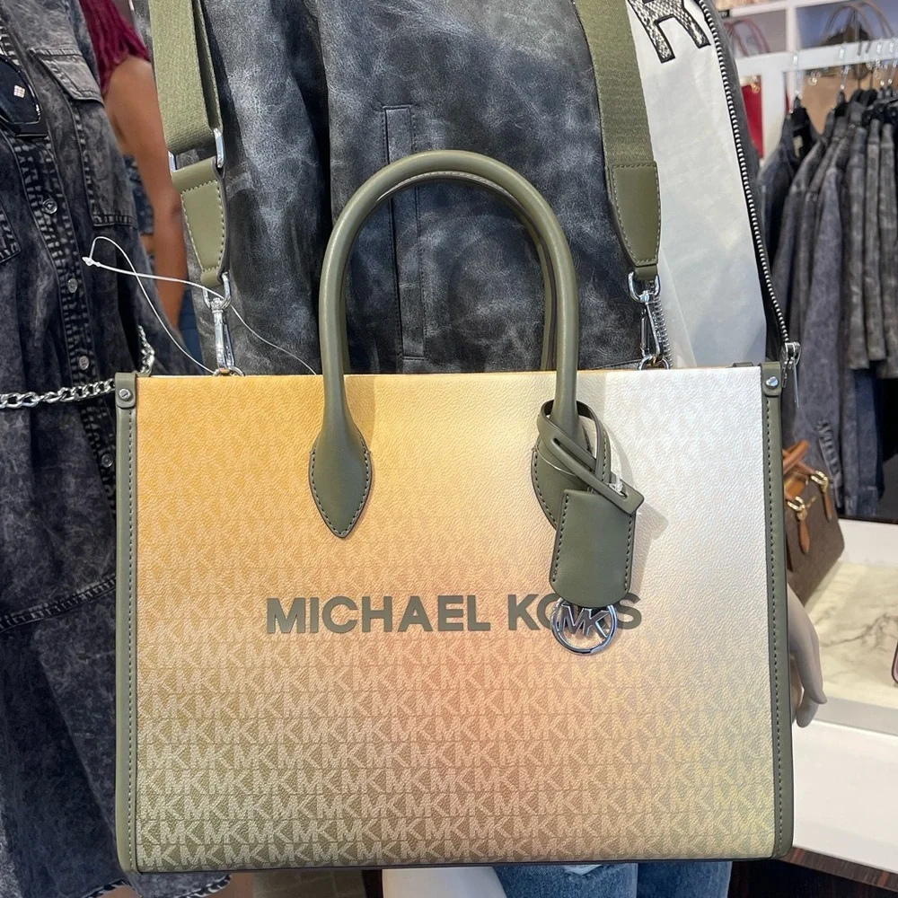 MICHAEL KORS Mirella Medium Ombré Signature Logo Tote Bag Olive Combo  NWT